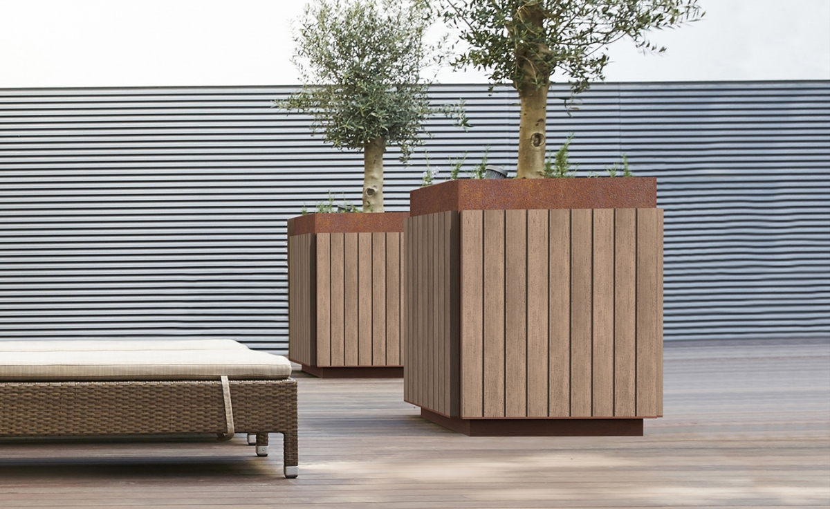 Design New Green plantenbak Plantenbak uit cortenstaal met een omkadering in tropisch hardhout voor een warme en duurzame uitstraling