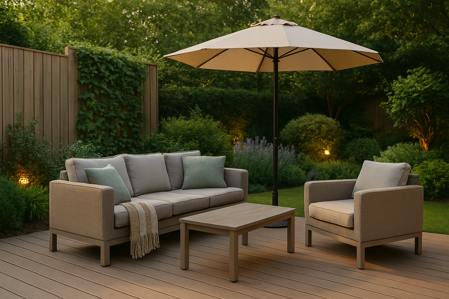 Sfeervolle tuinset met comfortabele loungebank, fauteuil en salontafel onder een parasol, ideaal voor ontspanning in de privétuin.