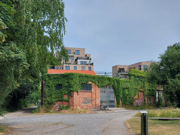 Voorgevel van een herbestemd fabriekspand in Bijgaardepark, Gent, met met klimop begroeide bakstenen muren en cohousingappartementen op de achtergrond.