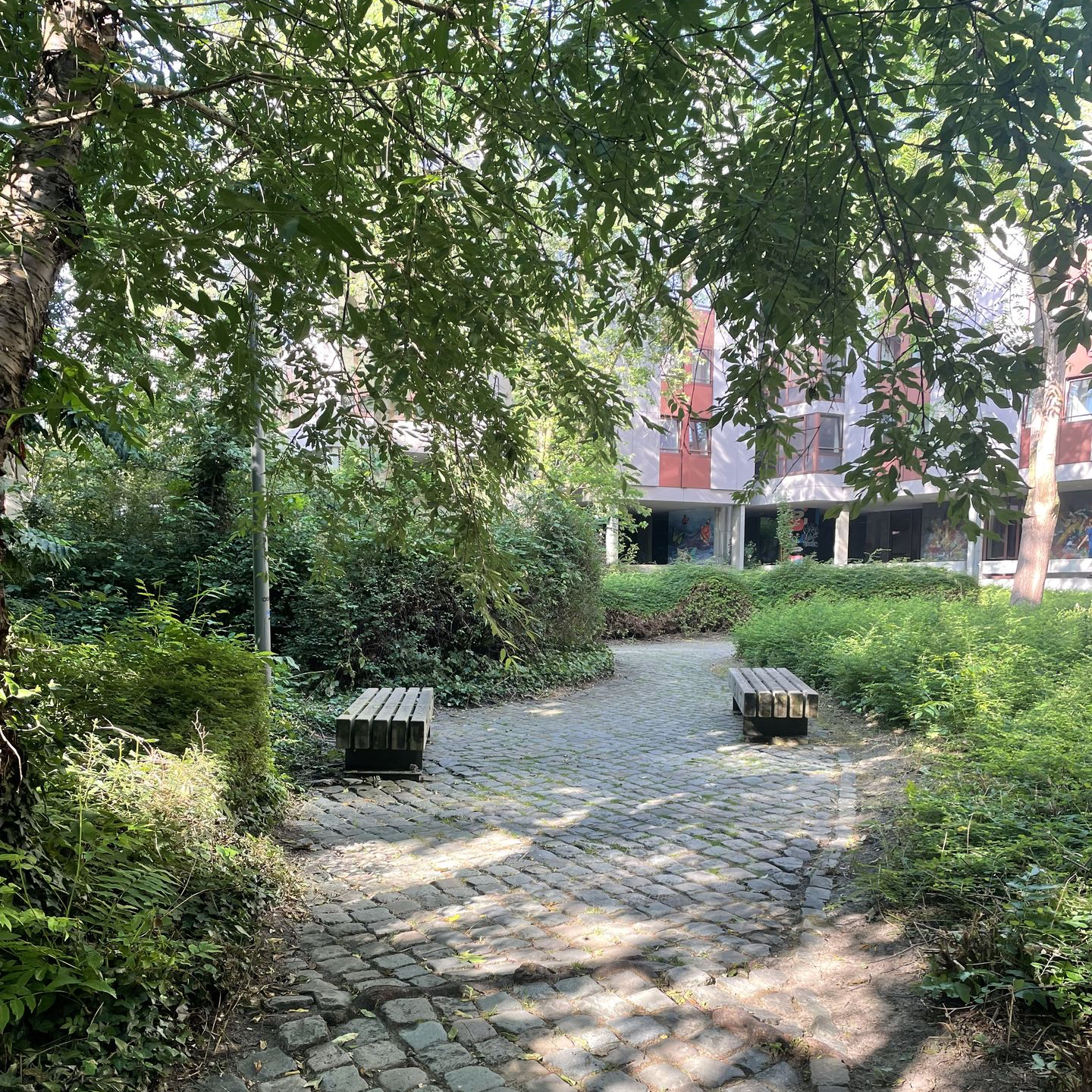 Twee lage houten banken langs een gebogen kasseipad in een schaduwrijke tuin bij de studentenresidentie Camilo Torres in Leuven, voorbeeld van toegankelijke publieke ruimte met groene omzoming.