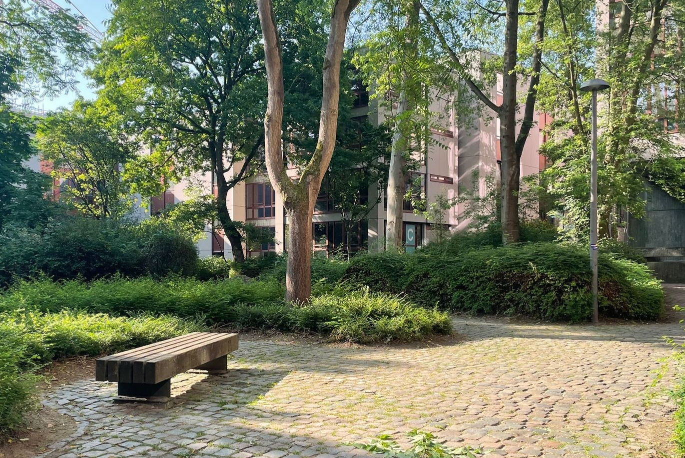 Een houten Tramet zitbank zonder rugleuning staat op een zonnig kasseienpad in een groene, klimaatbestendige binnentuin tussen studentenresidenties in Leuven.