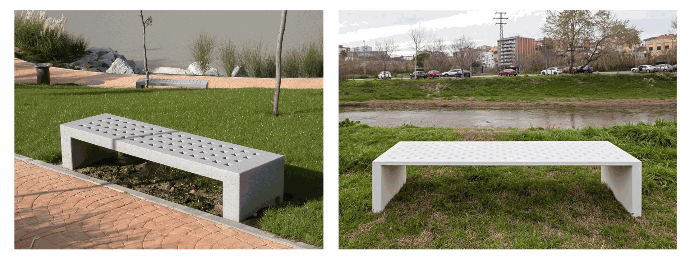 Vergelijking Escofet-banken: gietbeton Mayo (19 cm poten) versus SlimConcrete UHPC Brisa (7,5 cm poten, ultradunne zitting)