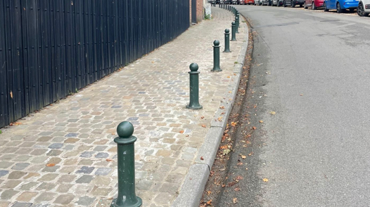 Smalle hellende stoep in kasseien met een lange rij groene prikpaaltjes langs de boordsteen die de vrije loopbreedte beperken.