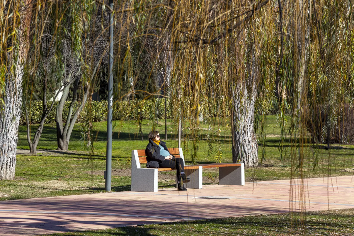 Alpine zitopstelling met betonnen steunen en houten zitting als rustpunt in parkpromenade tussen bomen en groen